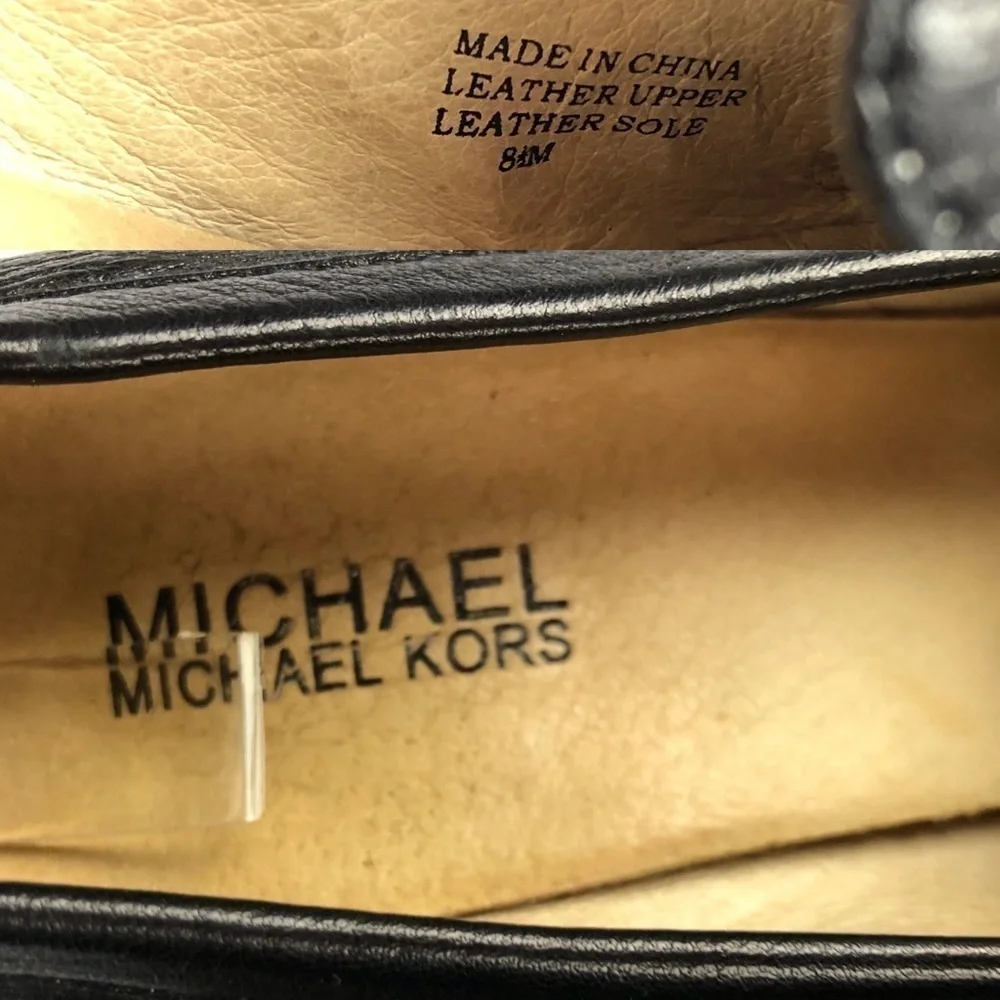 Michael Kors Leather Wooden Stacked Wedge Loafers With Gold Timed Logo Plate 8.5